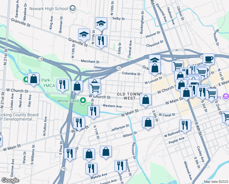 map of restaurants, bars, coffee shops, grocery stores, and more near 282 West Church Street in Newark