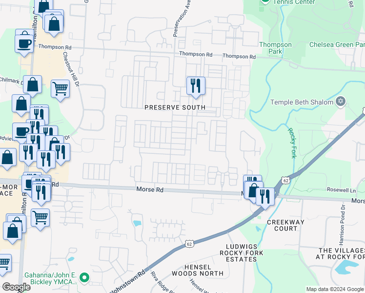 map of restaurants, bars, coffee shops, grocery stores, and more near 3775 Preserve Crossing Boulevard in Columbus