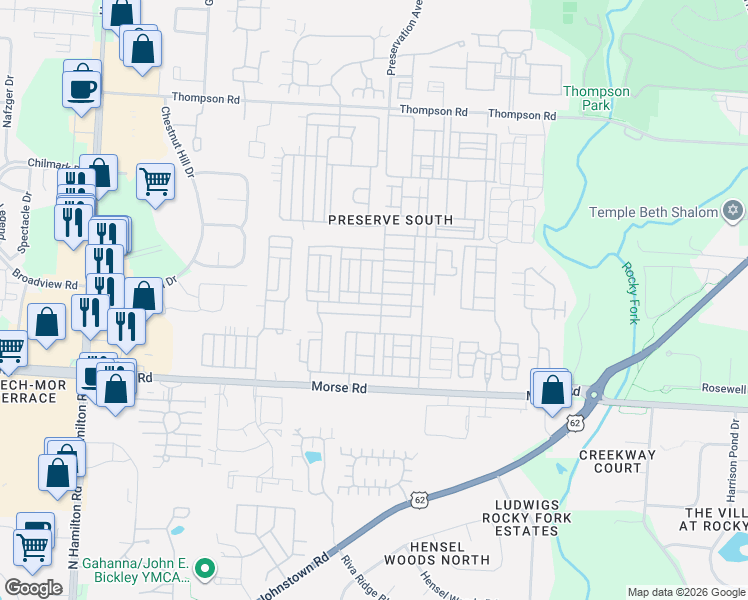 map of restaurants, bars, coffee shops, grocery stores, and more near 6293 Needletail Road in Columbus