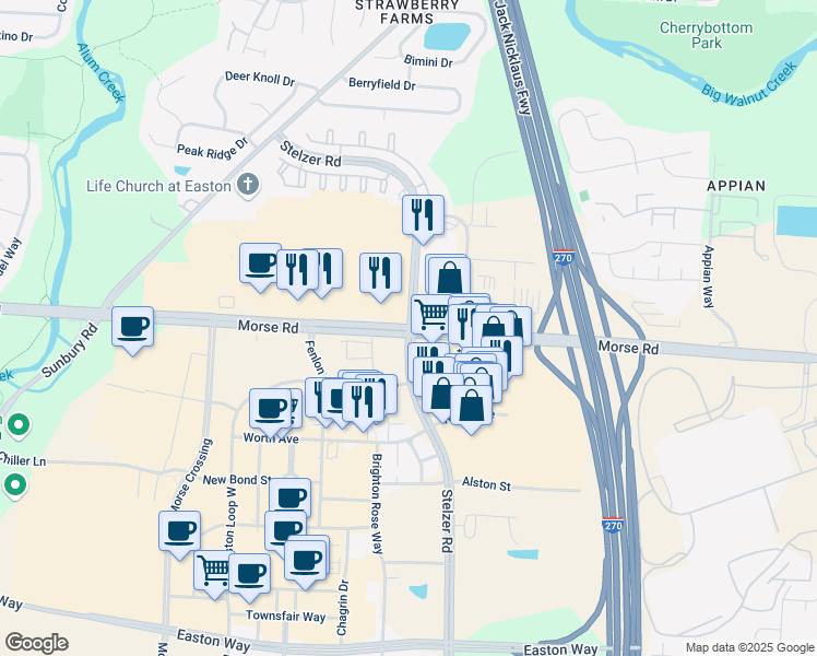 map of restaurants, bars, coffee shops, grocery stores, and more near Morse Rd & Stelzer Rd in Columbus