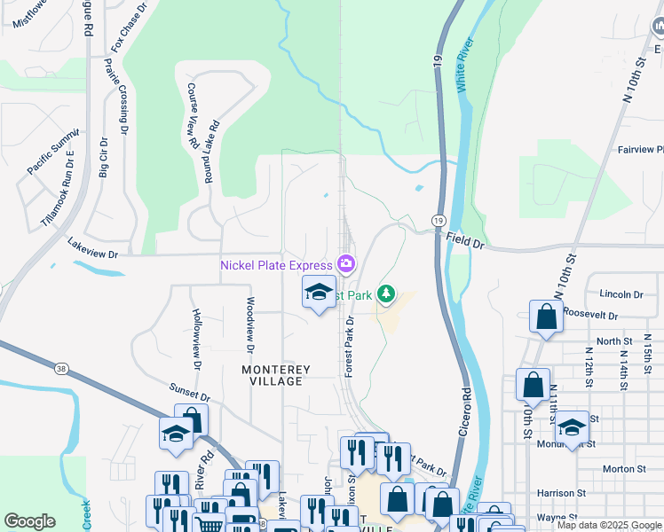 map of restaurants, bars, coffee shops, grocery stores, and more near 331 Beechwood Court in Noblesville