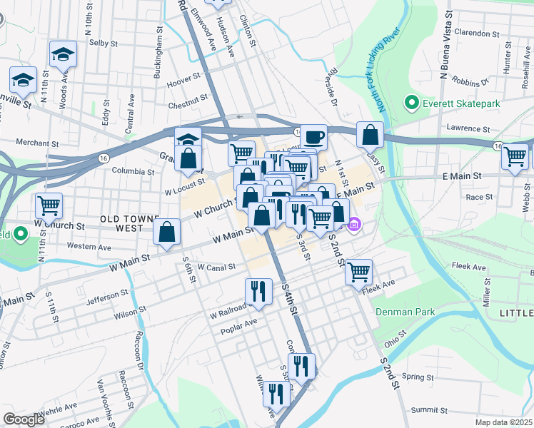 map of restaurants, bars, coffee shops, grocery stores, and more near 40 West Main Street in Newark