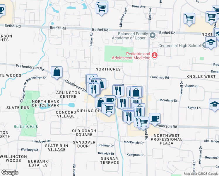 map of restaurants, bars, coffee shops, grocery stores, and more near 2049 Willoway Court South in Columbus