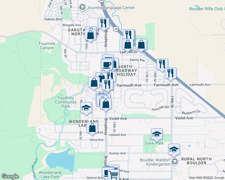 map of restaurants, bars, coffee shops, grocery stores, and more near 4585 13th Street in Boulder