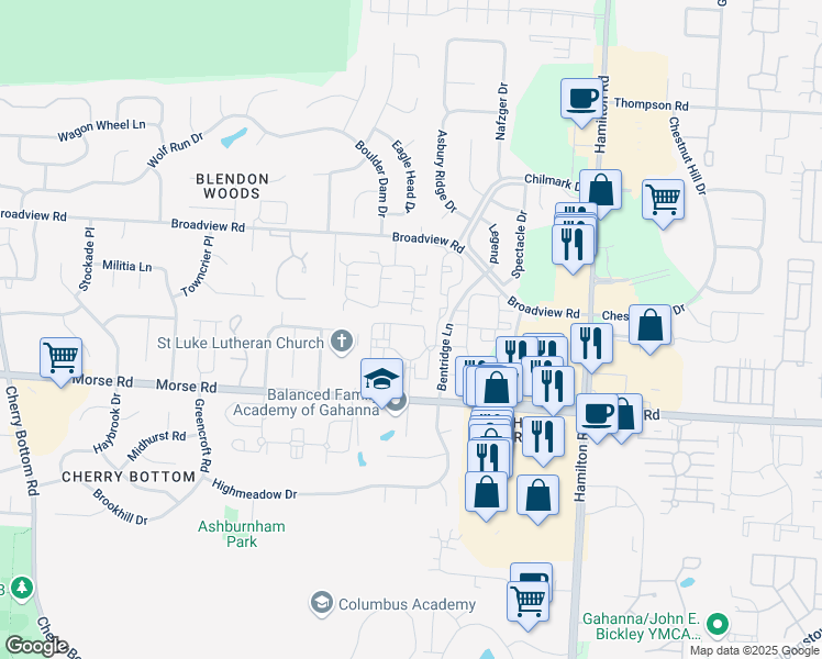 map of restaurants, bars, coffee shops, grocery stores, and more near 4573 Charlesfield Drive in Columbus
