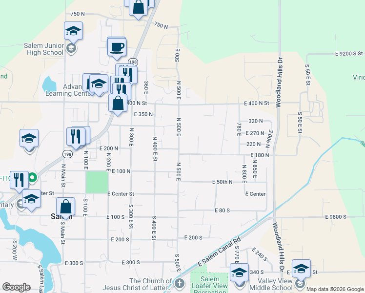 map of restaurants, bars, coffee shops, grocery stores, and more near 220 North 500 East in Salem