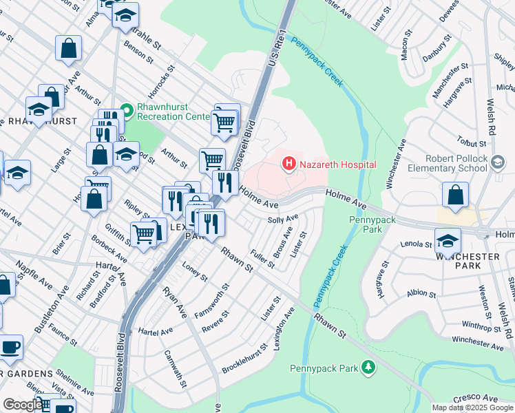 map of restaurants, bars, coffee shops, grocery stores, and more near 2708 Holme Avenue in Philadelphia
