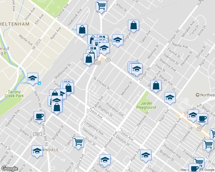 map of restaurants, bars, coffee shops, grocery stores, and more near 7200 Tabor Avenue in Philadelphia