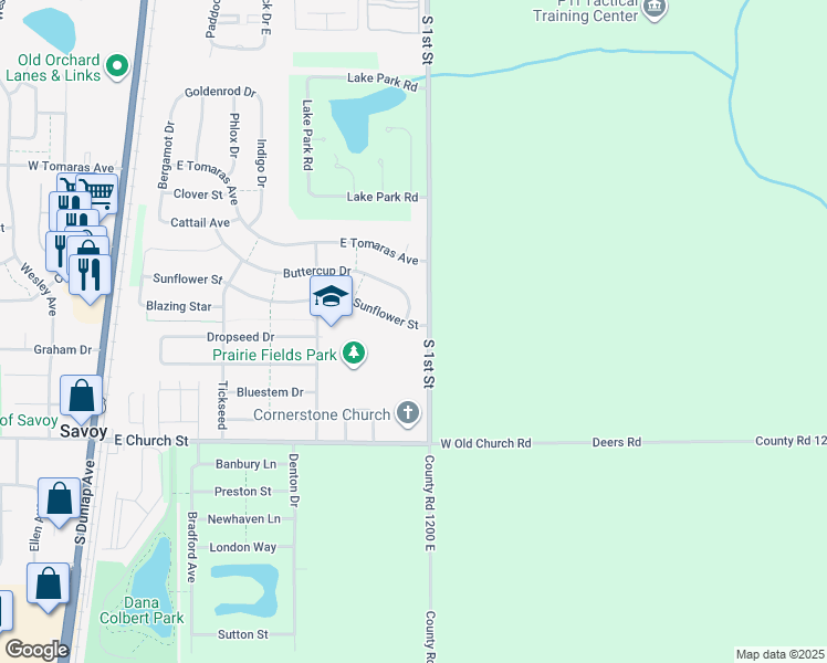 map of restaurants, bars, coffee shops, grocery stores, and more near 707A Sunflower Street in Savoy