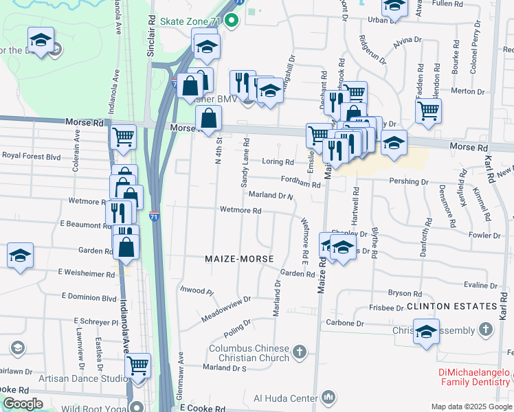 map of restaurants, bars, coffee shops, grocery stores, and more near 1012 Wetmore Road in Columbus