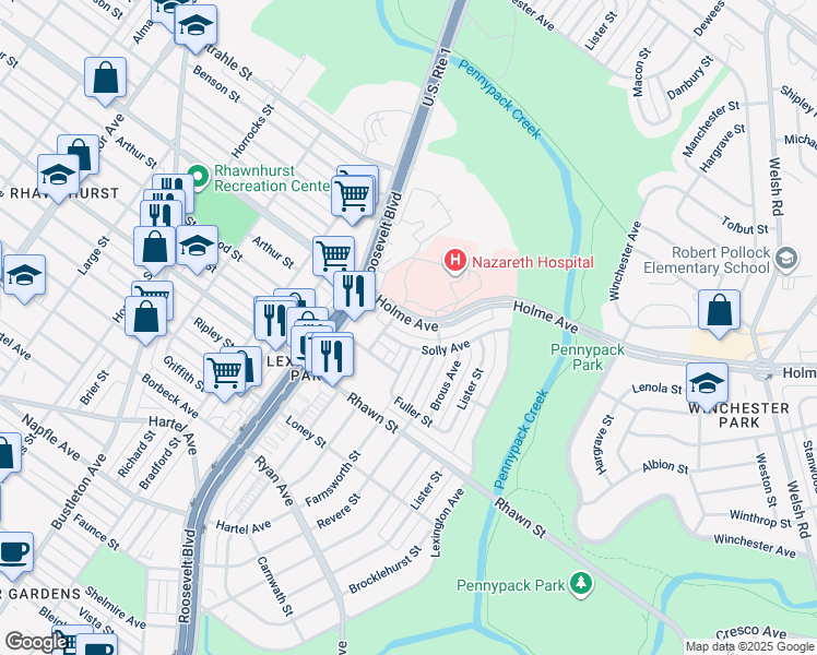 map of restaurants, bars, coffee shops, grocery stores, and more near 2708 Holme Avenue in Philadelphia
