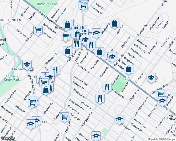 map of restaurants, bars, coffee shops, grocery stores, and more near 7200 Tabor Avenue in Philadelphia