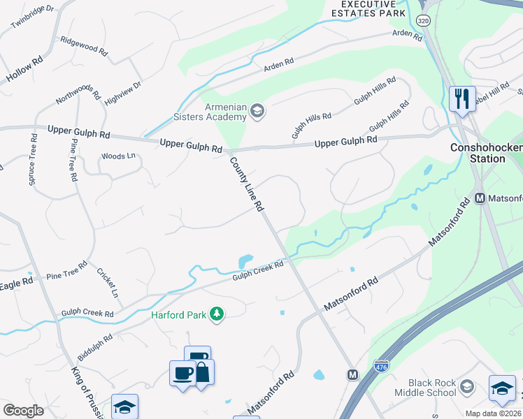 map of restaurants, bars, coffee shops, grocery stores, and more near 1260 County Line Road in Wayne