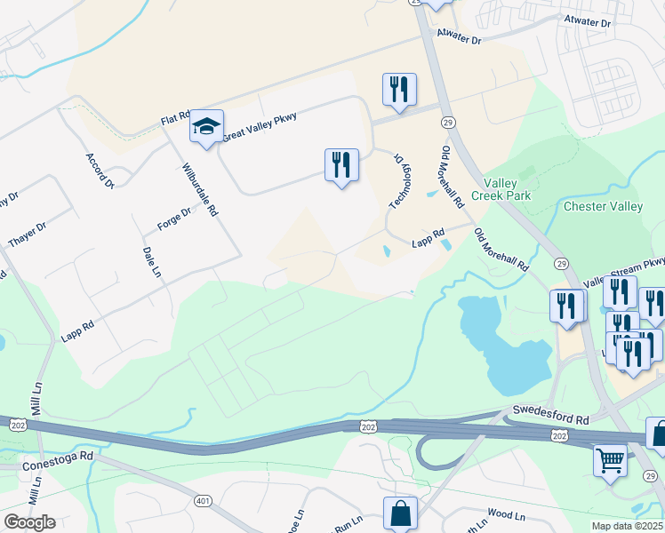 map of restaurants, bars, coffee shops, grocery stores, and more near 400 Lapp Road in Malvern