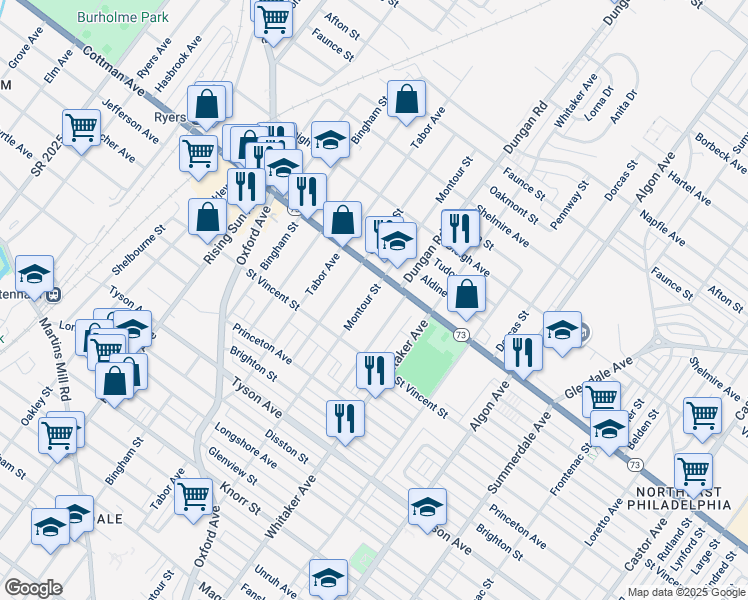 map of restaurants, bars, coffee shops, grocery stores, and more near 7247 Montour Street in Philadelphia