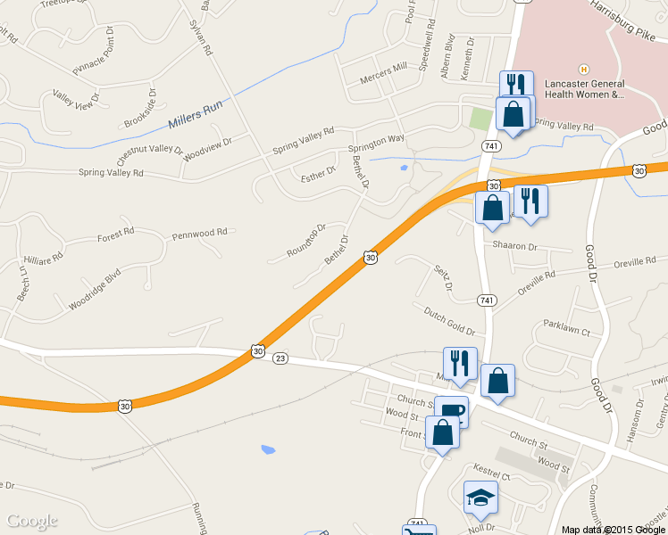 map of restaurants, bars, coffee shops, grocery stores, and more near 207 Bethel Drive in Lancaster