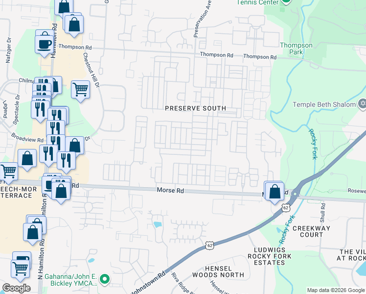 map of restaurants, bars, coffee shops, grocery stores, and more near 6293 Needletail Road in Columbus