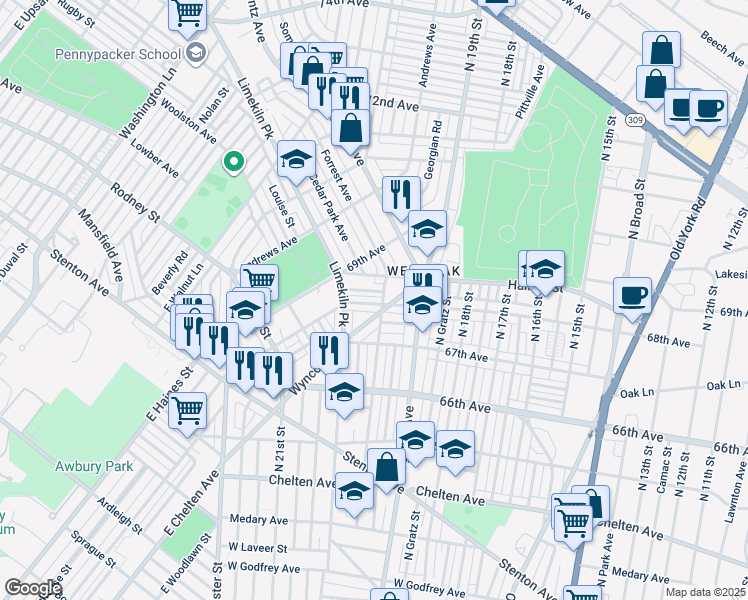map of restaurants, bars, coffee shops, grocery stores, and more near 2009 68th Avenue in Philadelphia