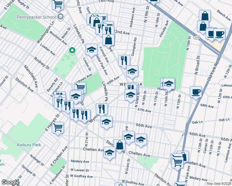 map of restaurants, bars, coffee shops, grocery stores, and more near 2009 68th Avenue in Philadelphia
