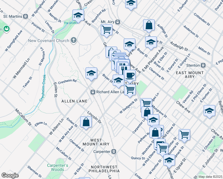 map of restaurants, bars, coffee shops, grocery stores, and more near 123 West Durham Street in Philadelphia