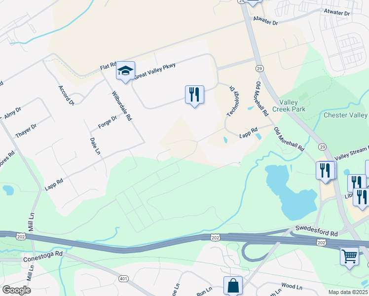map of restaurants, bars, coffee shops, grocery stores, and more near 400 Lapp Road in Malvern