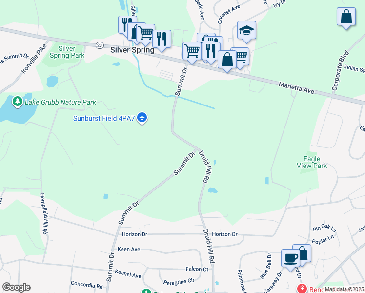 map of restaurants, bars, coffee shops, grocery stores, and more near 690 Summit Drive in Lancaster
