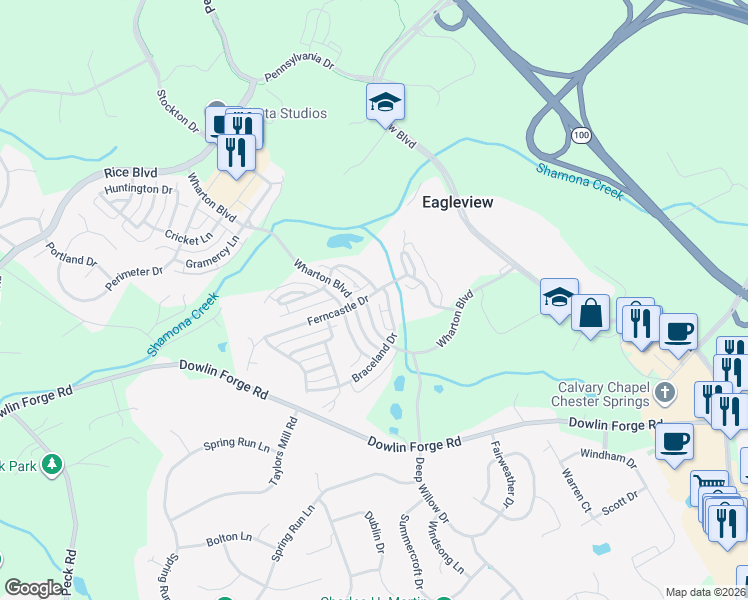 map of restaurants, bars, coffee shops, grocery stores, and more near 494 East Wharton Boulevard in Exton