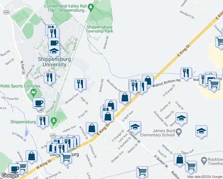 map of restaurants, bars, coffee shops, grocery stores, and more near 12 Kenneth Avenue in Shippensburg
