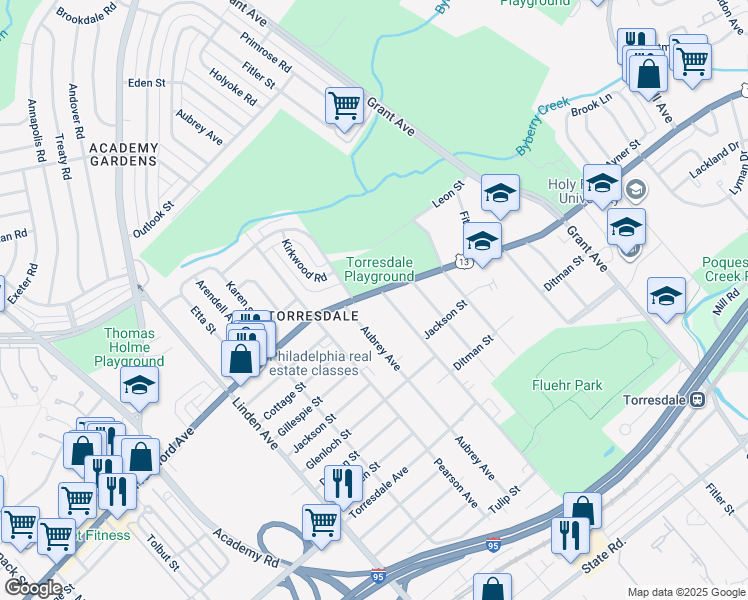 map of restaurants, bars, coffee shops, grocery stores, and more near 9521 Frankford Avenue in Philadelphia