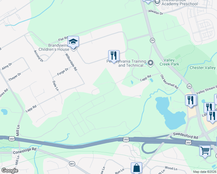 map of restaurants, bars, coffee shops, grocery stores, and more near 400 Lapp Road in Malvern