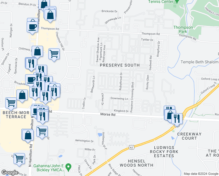 map of restaurants, bars, coffee shops, grocery stores, and more near 6186 Needletail Road in Columbus