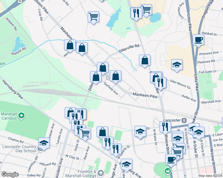 map of restaurants, bars, coffee shops, grocery stores, and more near 1001 Race Street in Lancaster