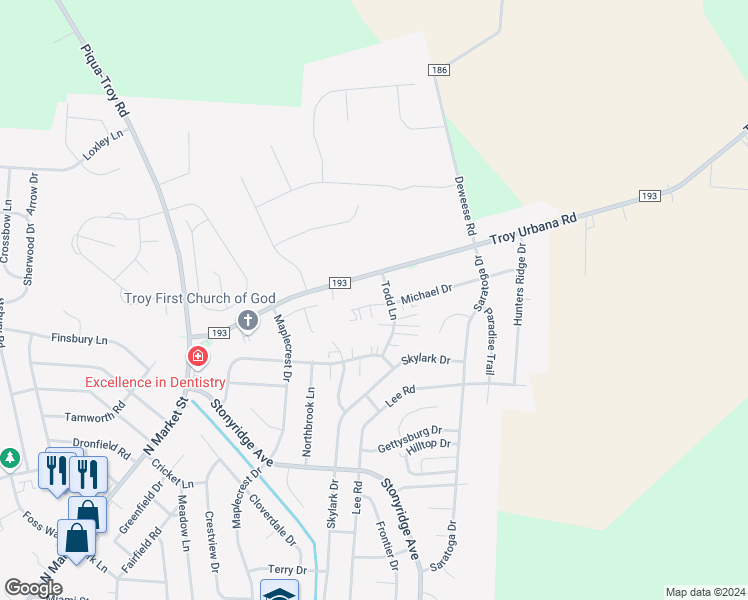 map of restaurants, bars, coffee shops, grocery stores, and more near 1360 Michael Court in Troy