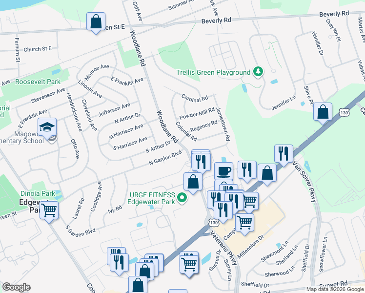 map of restaurants, bars, coffee shops, grocery stores, and more near 877 Woodlane Road in Edgewater Park