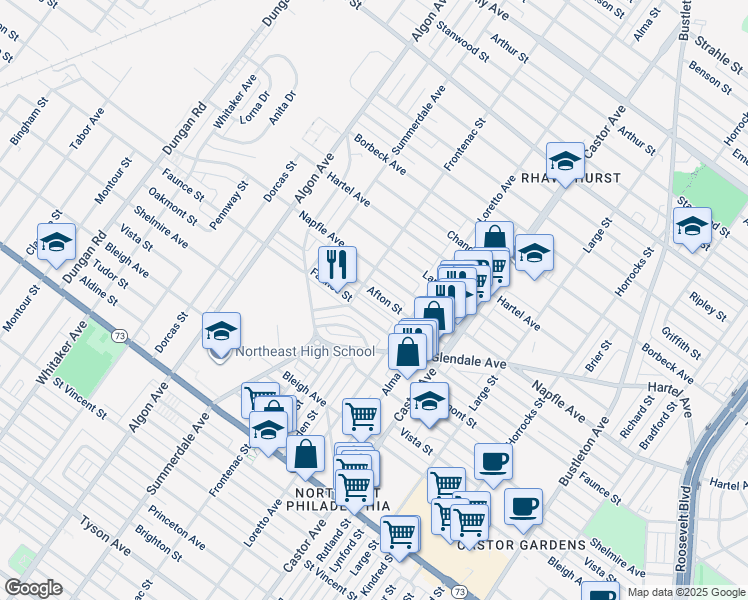 map of restaurants, bars, coffee shops, grocery stores, and more near 1812 Afton Street in Philadelphia
