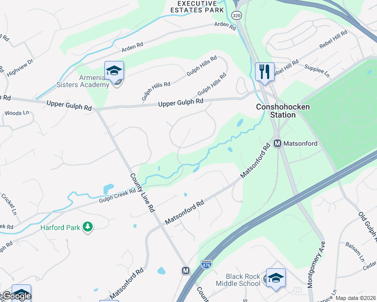 map of restaurants, bars, coffee shops, grocery stores, and more near 1238 Denbigh Lane in Wayne