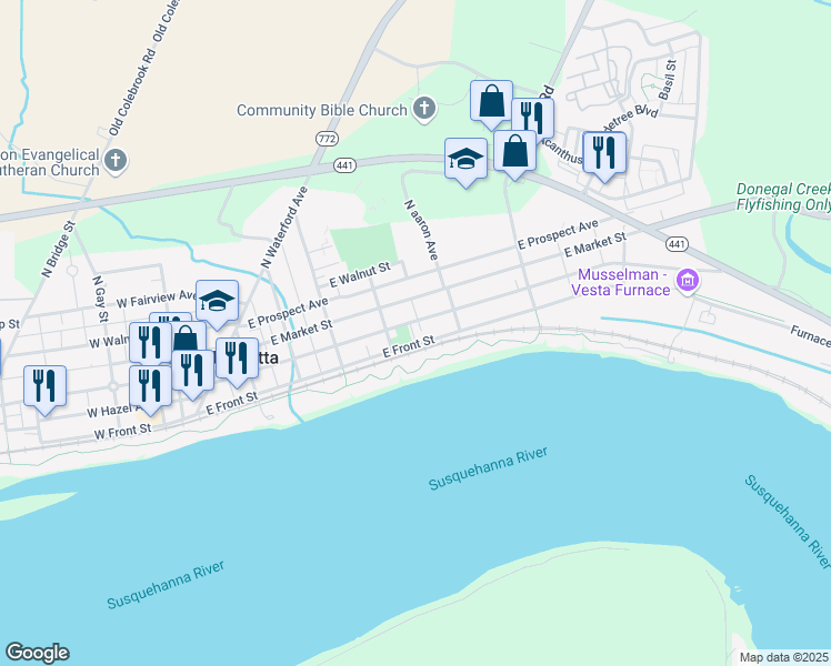 map of restaurants, bars, coffee shops, grocery stores, and more near 374 East Front Street in Marietta
