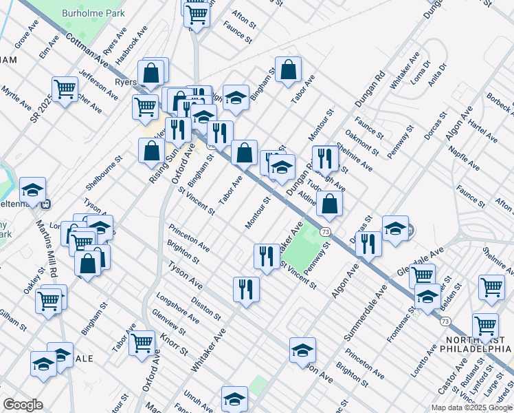map of restaurants, bars, coffee shops, grocery stores, and more near 7238 Montour Street in Philadelphia