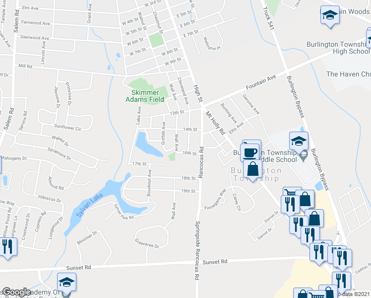 map of restaurants, bars, coffee shops, grocery stores, and more near 1504 Springside Place in Burlington