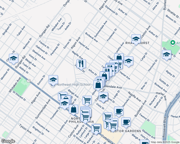 map of restaurants, bars, coffee shops, grocery stores, and more near 1812 Afton Street in Philadelphia