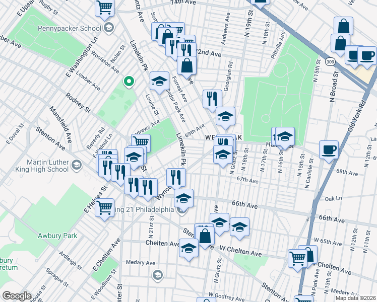 map of restaurants, bars, coffee shops, grocery stores, and more near 2018 68th Avenue in Philadelphia