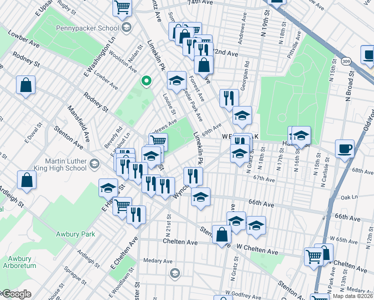 map of restaurants, bars, coffee shops, grocery stores, and more near 2007 Eastburn Avenue in Philadelphia