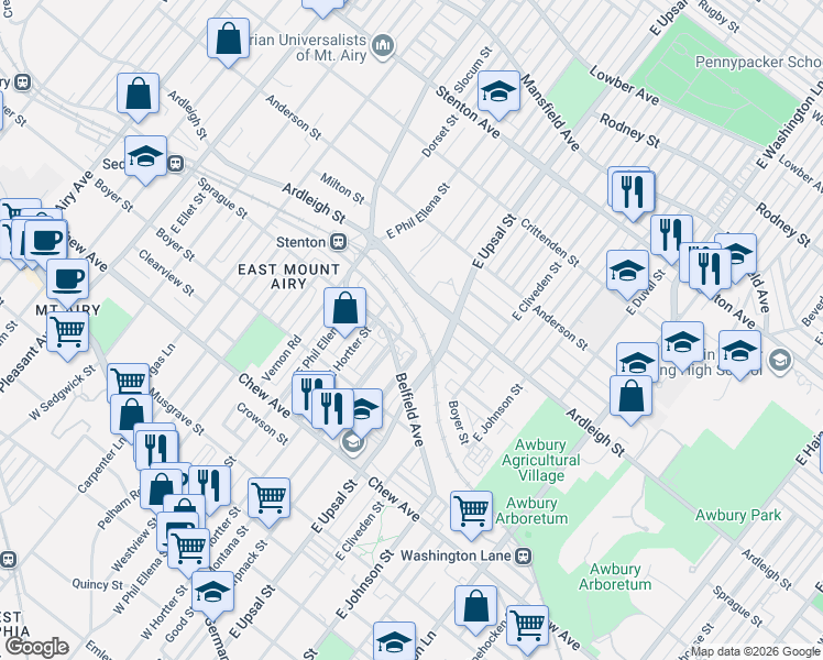 map of restaurants, bars, coffee shops, grocery stores, and more near 6601 Sprague Street in Philadelphia