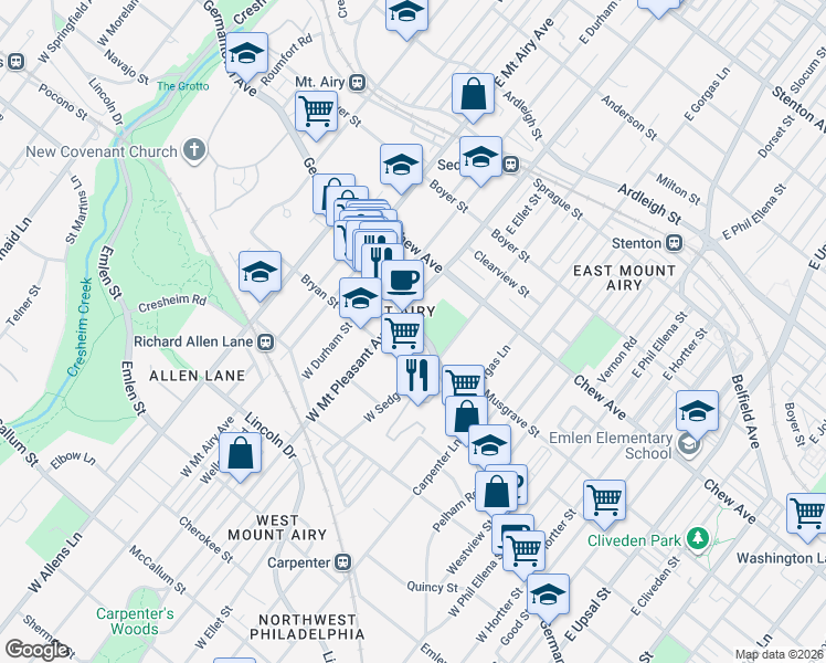 map of restaurants, bars, coffee shops, grocery stores, and more near 7048 Germantown Avenue in Philadelphia