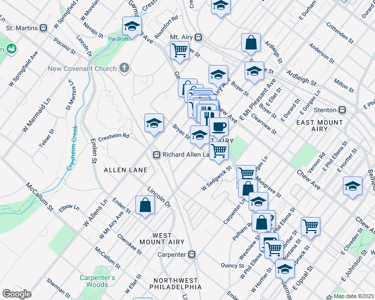 map of restaurants, bars, coffee shops, grocery stores, and more near 123 West Durham Street in Philadelphia