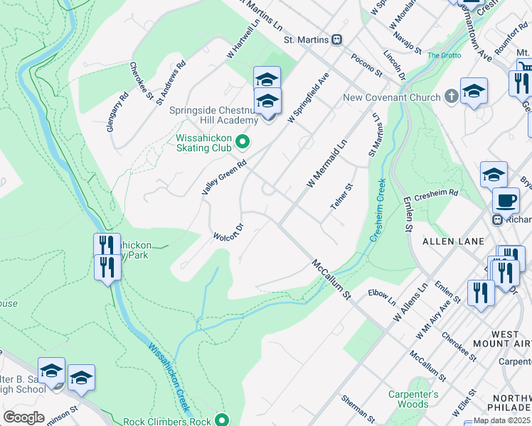 map of restaurants, bars, coffee shops, grocery stores, and more near 7700 McCallum Street in Philadelphia