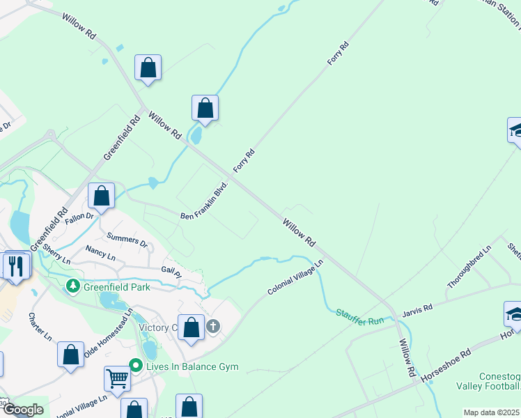 map of restaurants, bars, coffee shops, grocery stores, and more near 450 Willow Road in Lancaster