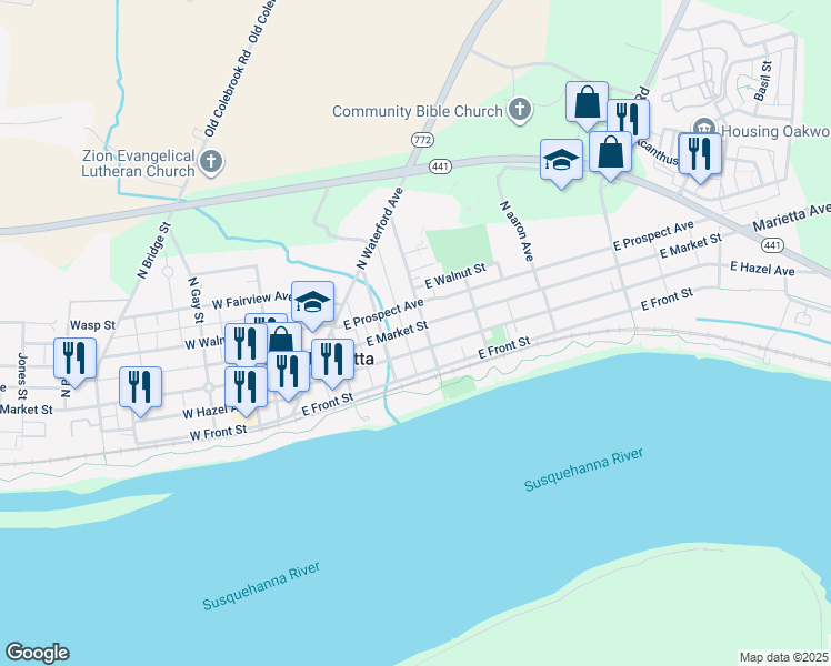 map of restaurants, bars, coffee shops, grocery stores, and more near 233 East Market Street in Marietta