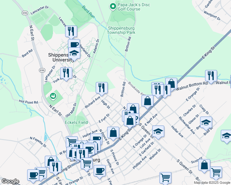 map of restaurants, bars, coffee shops, grocery stores, and more near 201 North Queen Street in Shippensburg