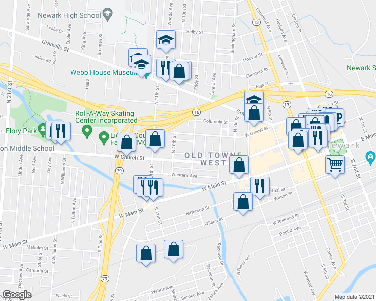 map of restaurants, bars, coffee shops, grocery stores, and more near 282 West Church Street in Newark